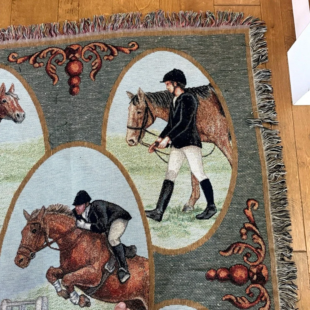Vintage Run for the Roses Equestrian Tapestry Throw Horse Blanket USA 56x73